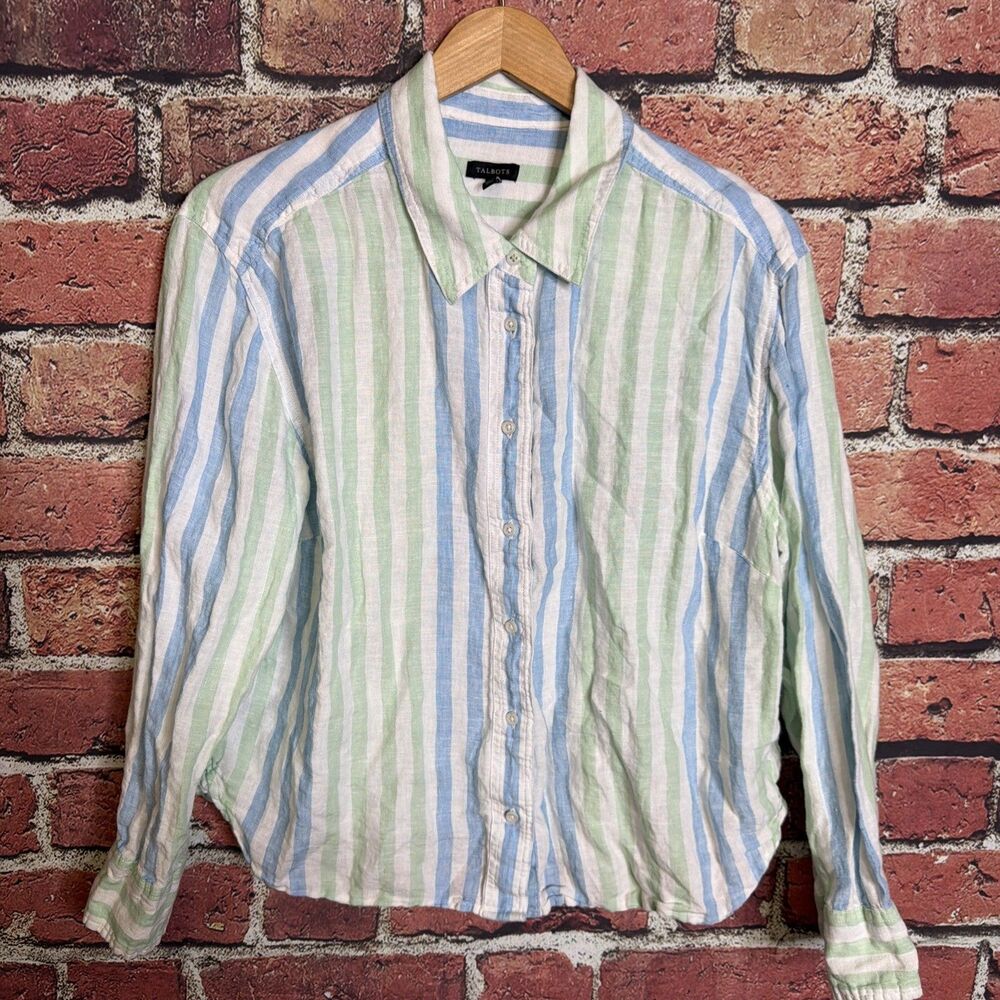 Talbots Shirt Womens Small Green Blue Striped Linen Button Up Long Sleeves Top